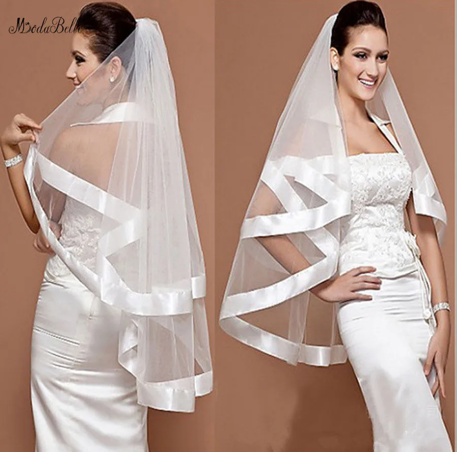 

modabelle Wholesale Simple Tulle White Ivory Champagne Wedding Veil With Comb Two Layer Ribbon Edge Bridal Accesories 2019
