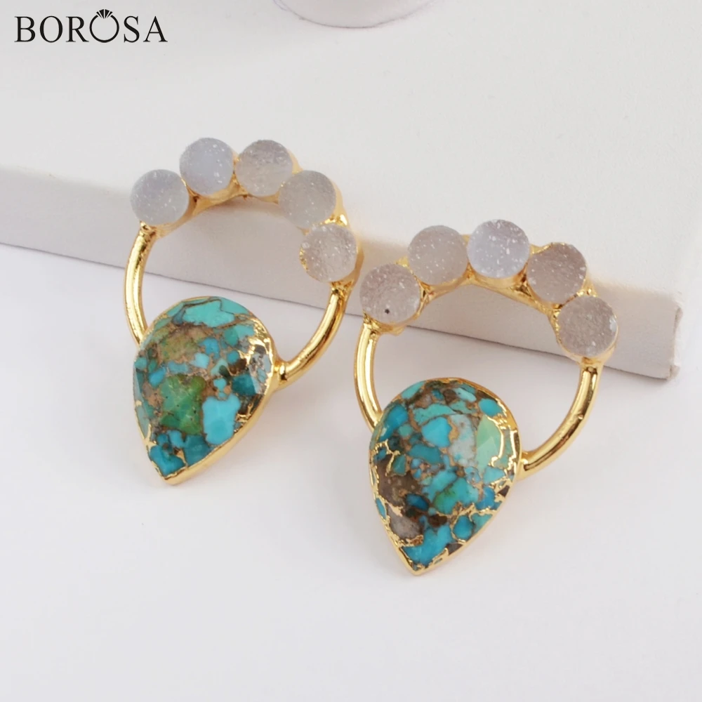 BOROSA New Gild Five Round Natural Agates Druzy &amp Teardrop Copper Turquoises Charm Gems Pendant for Necklace Jewelry G1833 | Украшения и