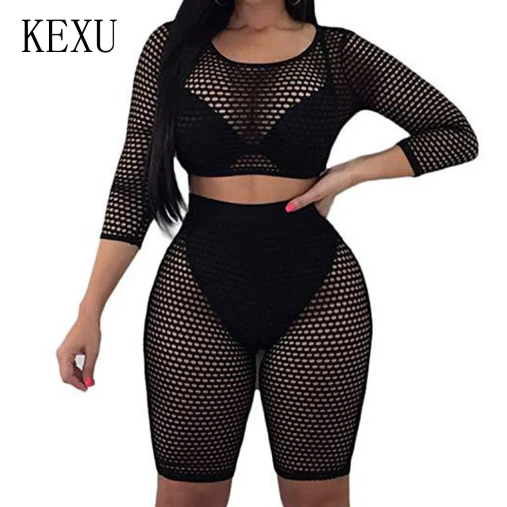

KEXU Two Pieces Sets Hollow Out Grid Sexy Playsuits Long Sleeve O Neck Bodycon Jumpsuits Summer Beach Black Bodysuits Overalls