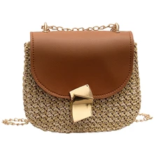 Соломенная Сумка через плечо Маленькая Лоскутная сумка через плечо для женщин тканая сумка Женская Ретро пляжная сумка из ротанга плетеная Сумка на цепочке