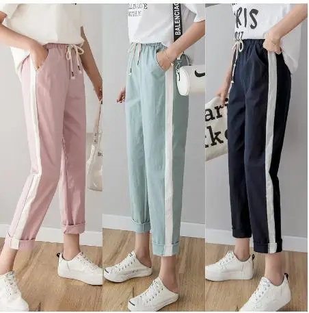 

Cotton Linen Ankle Length Pants Women's Spring Summer Casual Trousers Pencil Casual Pants Striped Women's Trousers Green Pink