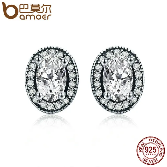 Bamoer Authentic 925 Sterling Silver Vintage Elegance Stud Earrings Bamoer Authentic 925 Sterling Silver Vintage Elegance Stud Earrings Clear Cz For Women