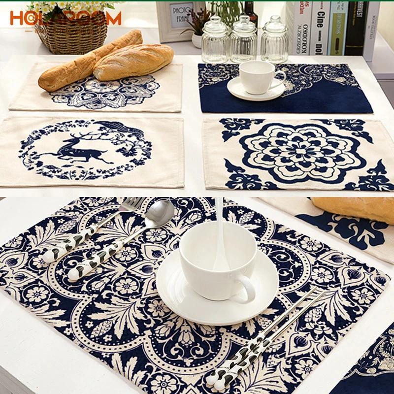 Blue And White Porcelain Series Cotton Linen Placemats Flower Pattern Western Food Mat Heat Insulation Table Pads Coasters | Дом и сад