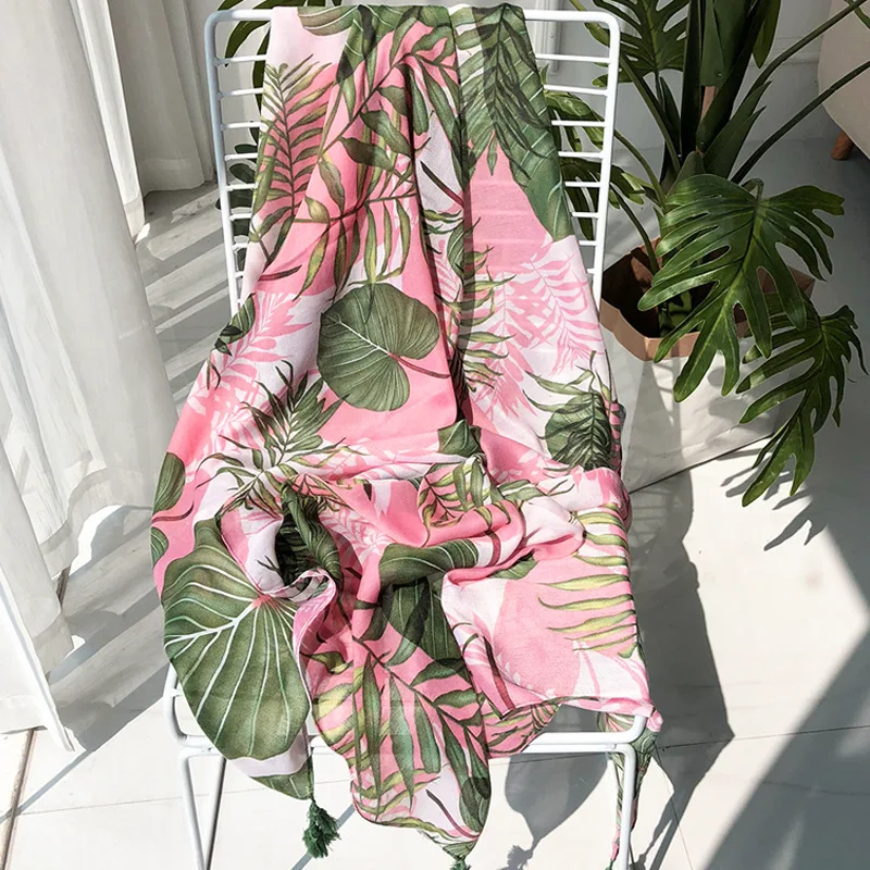 

Pink&Green Scarf Women Fashion Leaf Print Shawl&Wraps Foulard Large Neckercheif Female Summer Beach Towel Long Tippet 190*90cm