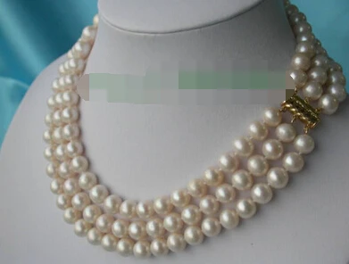 

Miss charm Jew stunning 3rows 9-10mm perfect round white freshwater pearls necklace