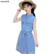 Weoneit/Детские платья для девочек; повседневное джинсовое платье без рукавов; летняя однотонная джинсовая одежда для девочек-подростков