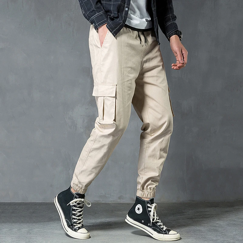 Hip hop overalls cotton band foot no elastic tether mid waist multi-pocket solid color loose nine points trousers free shipping