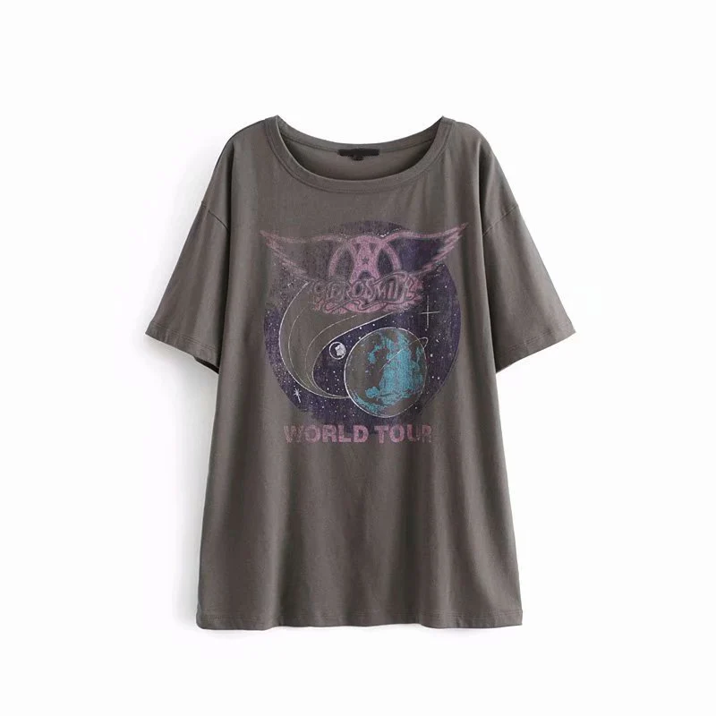 TXJRH Stylish WORLD TOUR Letter Aerosmith Planet Print Short Sleeve O-Neck Pullover T-Shirt Boyfriend Woman Causal Tee Tops