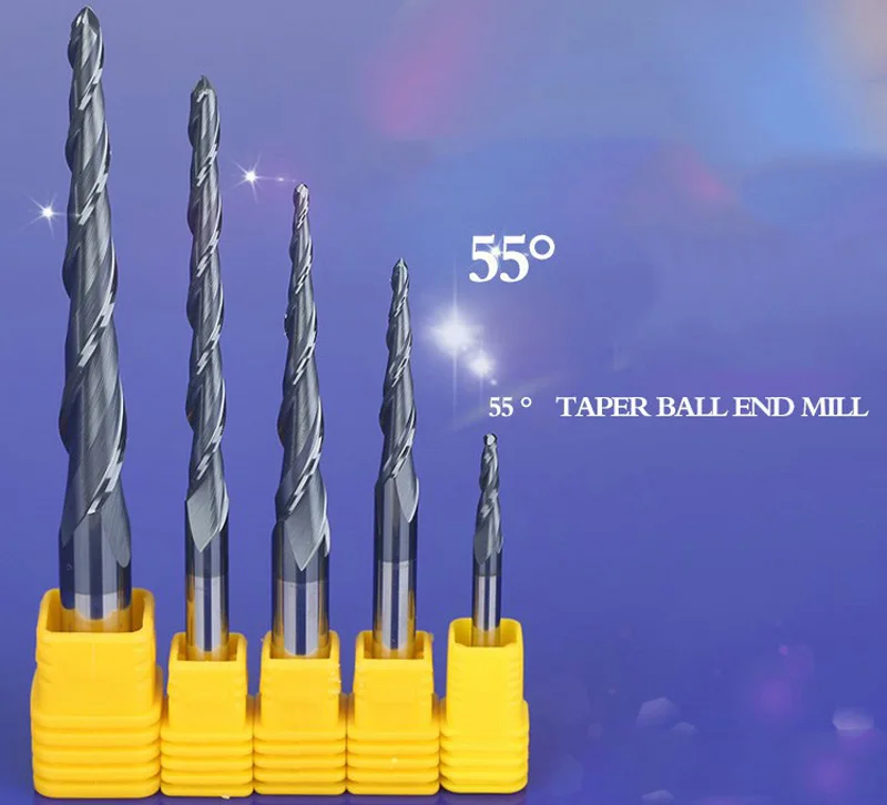 High Quality TiAIN Coated 2Pc Ball Nose Tapered End Mill HRC55 2 Flute 4mm Shank