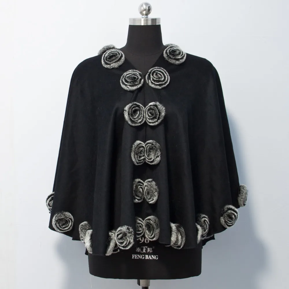 

Free shipping Wool Scarf Best Quality Winter Women Poncho Cashmere Wool rex rabbit fur flowers Scarf Cape