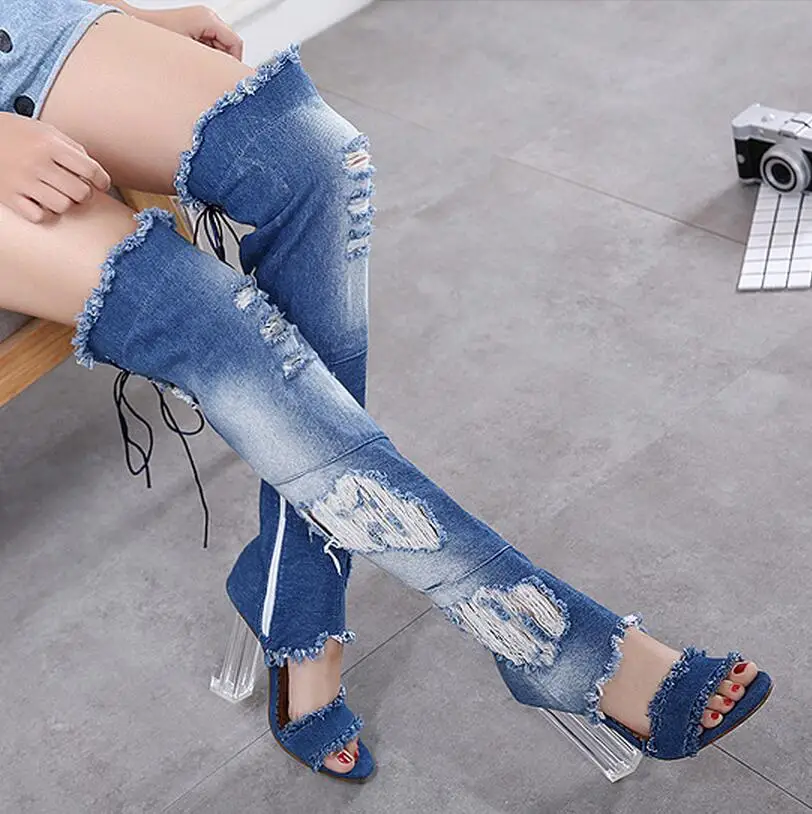 Buy A3187 Chaussures Femmes Sexy Denim Knee High Boots