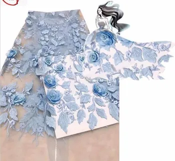 

Blue Color French Lace Fabric With Plenty Beaded.High Quality Guipure Lace Fabric For Wedding Dress.Nigerian Beaded Lace Fabric