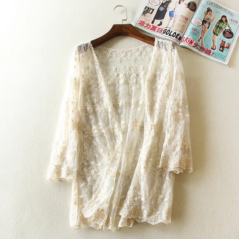 

Spring and summer dresses sun clothes shawl small fresh gauze embroidery seven Quarter Sleeve long lace cardigan jacket