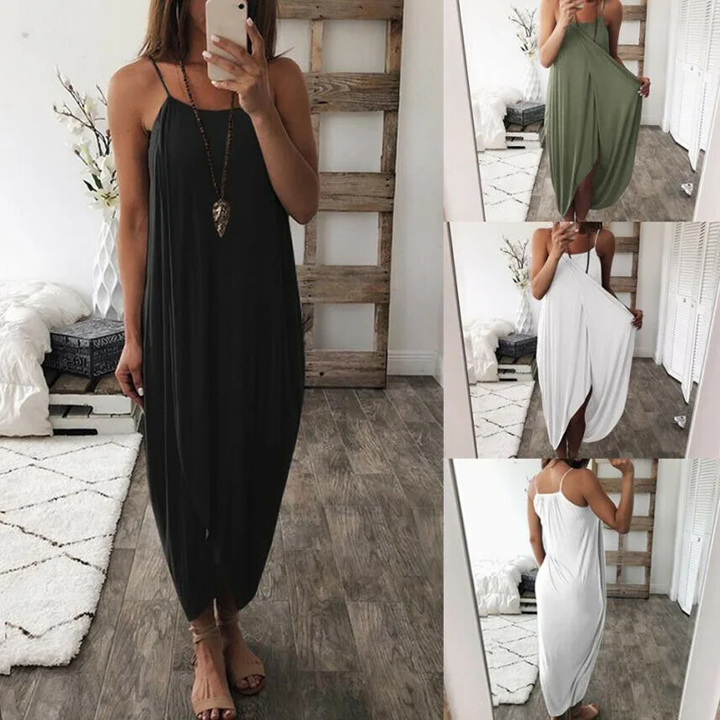 

2019 New Women Airy Maxi Dress Solid Color Knitting Sleeveless Loose for Summer Beach Party VN 68
