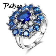 Anillos de lujo con forma de flor brillante circonita AAA azul declaración plata de ley Vintage 925 joyería de plata esterlina para mujer