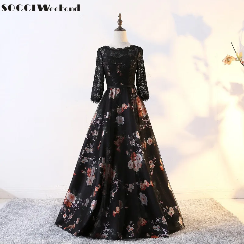 

SOCCI Weekend Elegant Long Evening Dresses 2018 Fashion Flowers Women Sleeves Prom Dress Lace V Back Formal Wedding Party Gowns