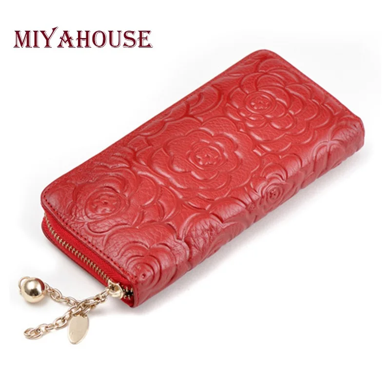 

Genuine Leather Women Long Wallets Embossed Floral Clutches Purse Female Card Holder Wallet Luxury Leather Zipper Clutch Purses