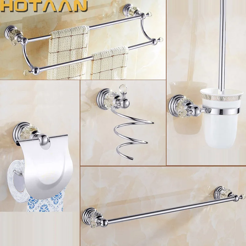 Luxury Crystal Silver Bathroom Accessories Set Chrome Polished Brass Bath Hardware Set Wall