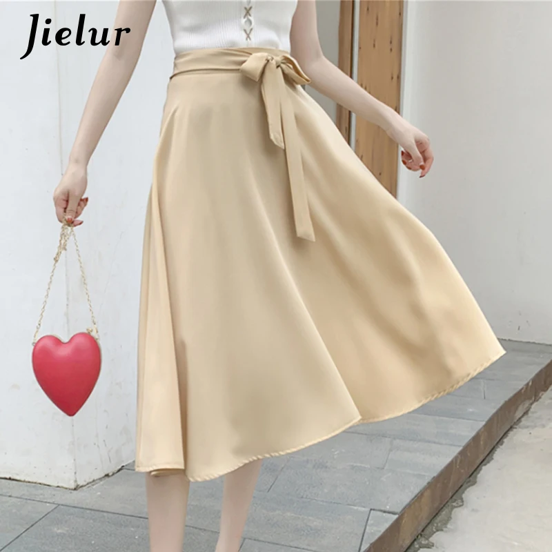 

Jielur Simple Apricot Woman Skirt Bowtie Sashes Solid Color Korean Skirts Female OL Loose Saia Retro Grace Chicly Faldas Summer