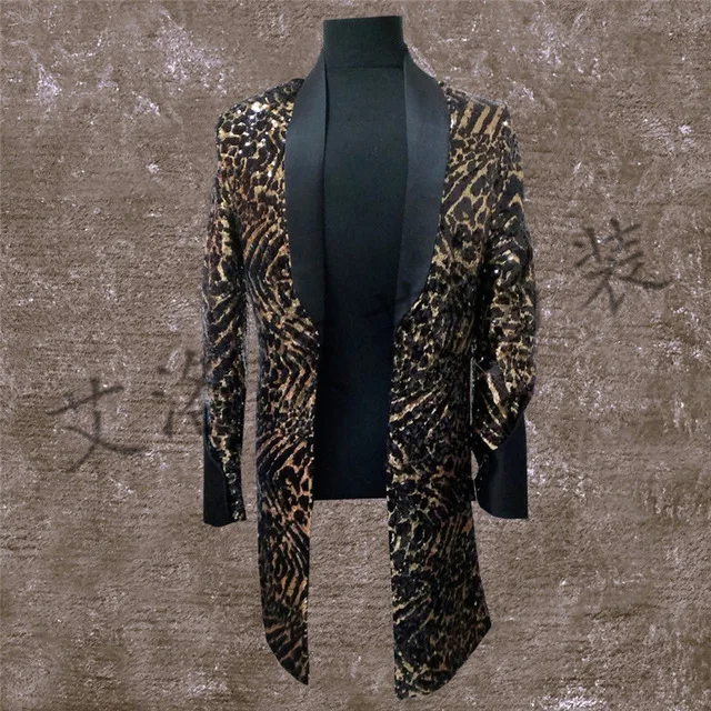 Moncler Homme Nieuwe mannen luipaard mode print paillette mannen slim lange ontwerp paillette kostuum bigbang heren blazer jassen