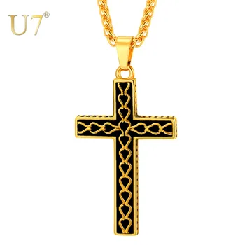 

U7 Necklace Stainless Steel Cross Pendant&Chain With Heart Pattern Gold/Black Color Men/Women Christian Jewelry Necklaces P1150
