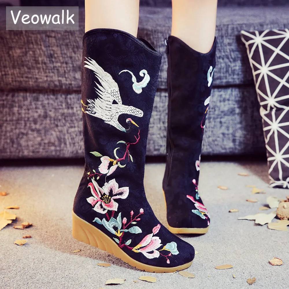 Veowalk Crane Embroidered Women Knee High Canvas Boots Mid Wedge Heel Ladies Comfort Loose Boots