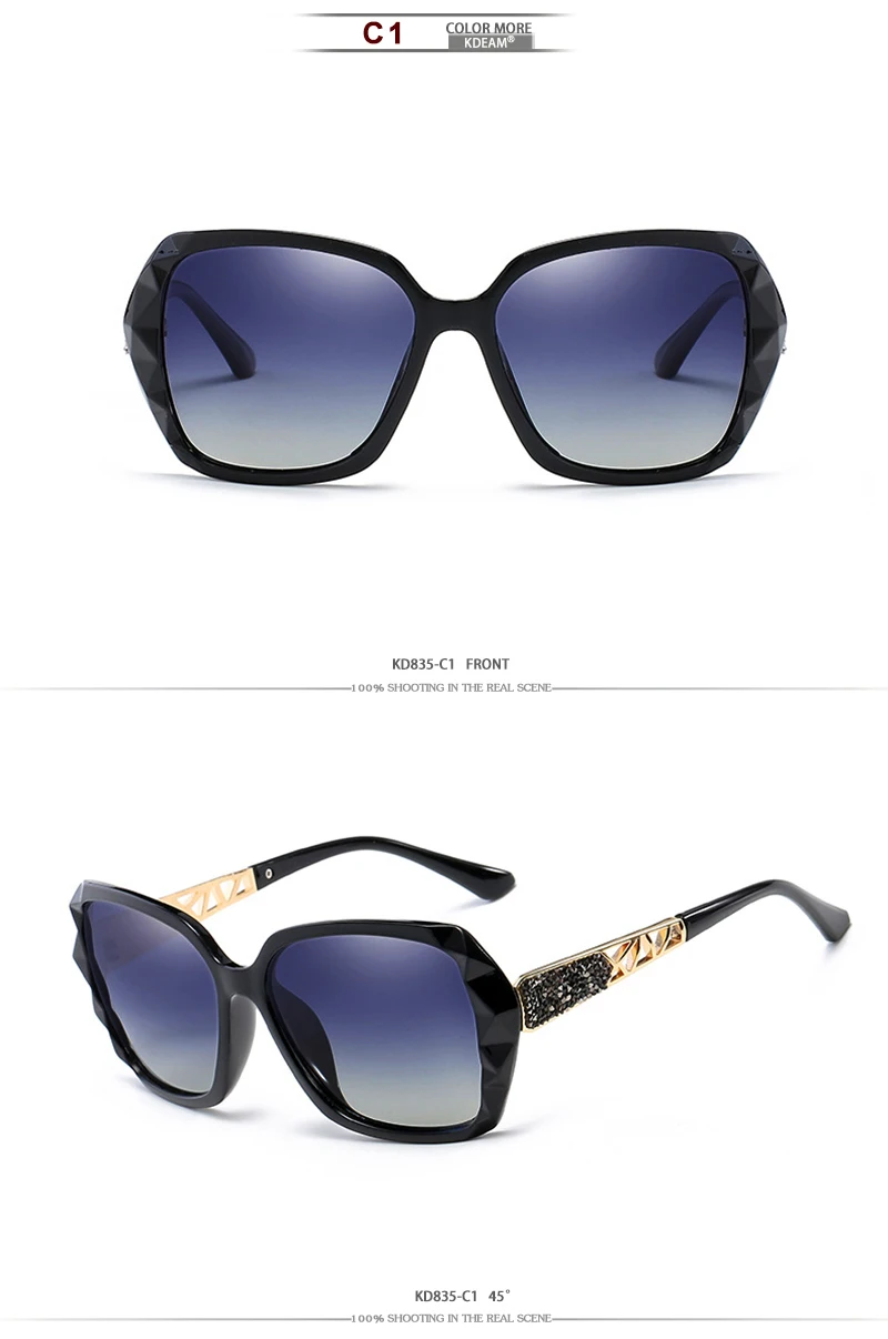 KDEAM, блестящие женские солнцезащитные очки, поляризационные, с бабочкой, с бриллиантами, дизайнерские солнцезащитные очки, женские, с защитой от ультрафиолета и коробкой