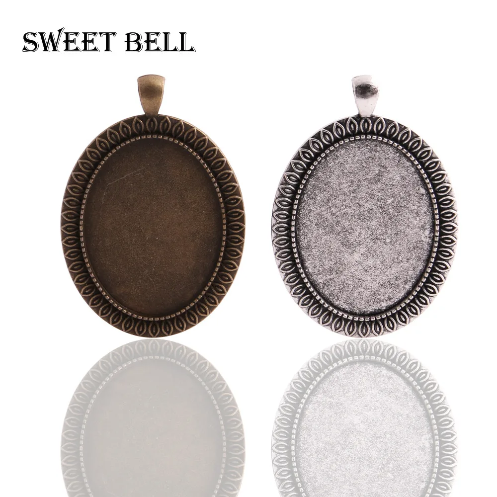 

Sweet Bell (6pcs/lot) two color Metal Cameo 40*59mm(Fit 30*40mm dia) Oval Cabochon Pendant Setting Jewelry Blank Charms 6D1060