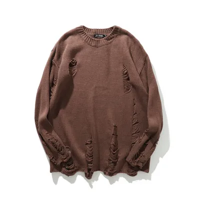 Streetwear korean clothes Men Autumn New Ripped Holes Solid designer Sweater Vintage Oversized Warm Wool Pullovers Sweater - Цвет: B6001 brown