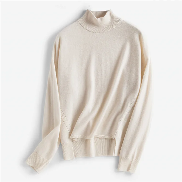  high grade pure wool turtleneck knit women vintage irregular hem pullover sweater pink 6colors one&