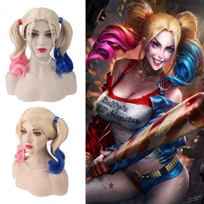 Cosplay&ware Hi-q Harley Quinn Cosplay Masquerade Costume Party High Temperature Fiber Synthetic Hair Women Girl Wig Hairpieces -Outlet Maid Outfit Store
