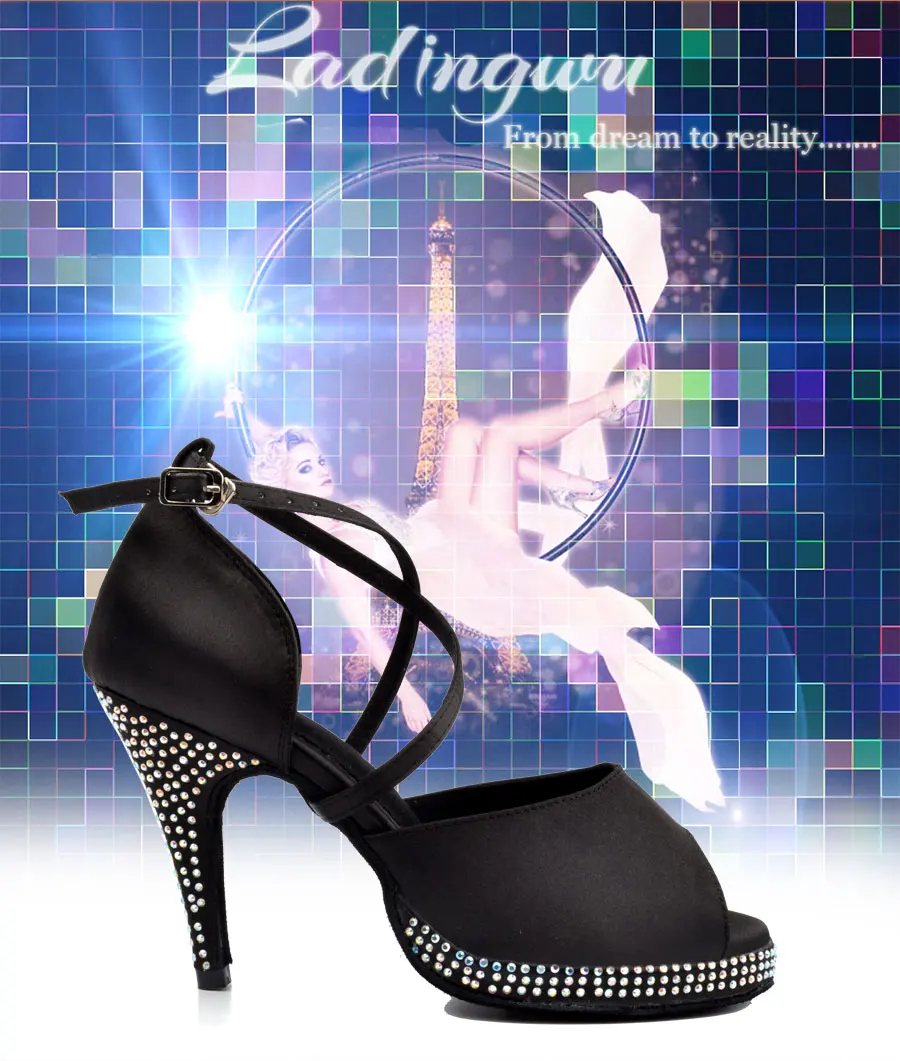 Ladingwu/Новинка; Женская водонепроницаемая атласная обувь для латинских танцев на платформе; стразы; Обувь для бальных танцев; Цвет абрикосовый, черный