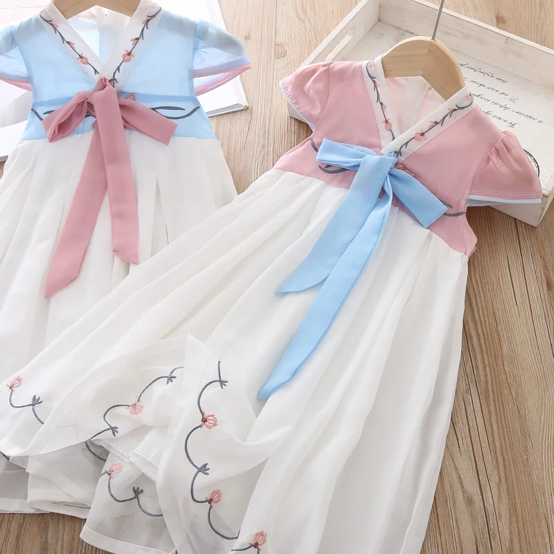 

girls dress summer children's clothing white strap dress Students wear fashion pleated dress silk Leisure Flower Princess dress
