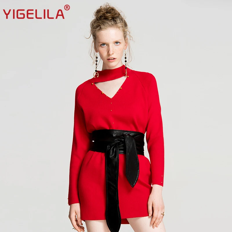 YIGELILA 2019 последние осень Для женщин мода стоять шеи выдалбливают длинный рукав