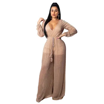

Women Elegant Wide Leg Pant Jumpsuits Fall Long Sleeve Loose Jumpsuits Drawstring V Neck See Through Sexy Jumpsuits