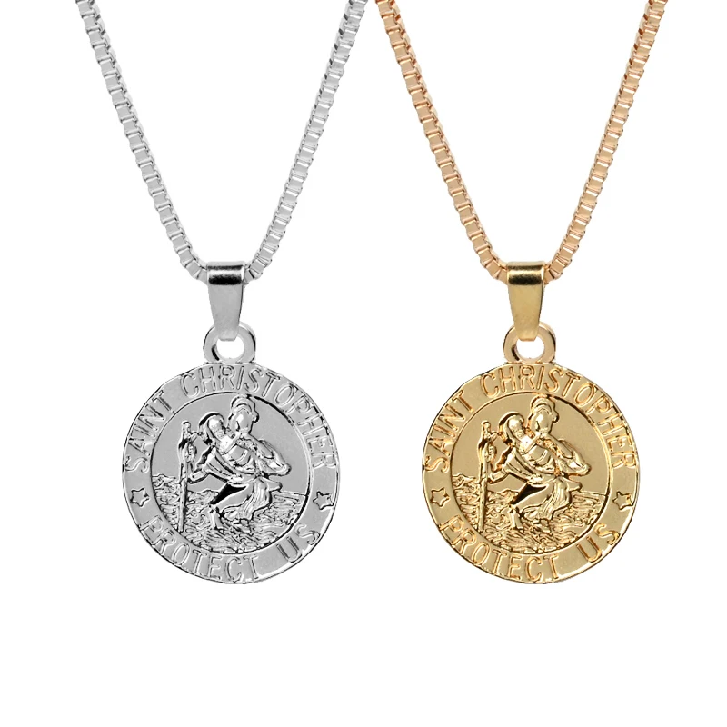 Jesus christ chain Necklace Saint christopher protect us necklaces Round Silver Gold color Christ Jewelry Gift For Christians