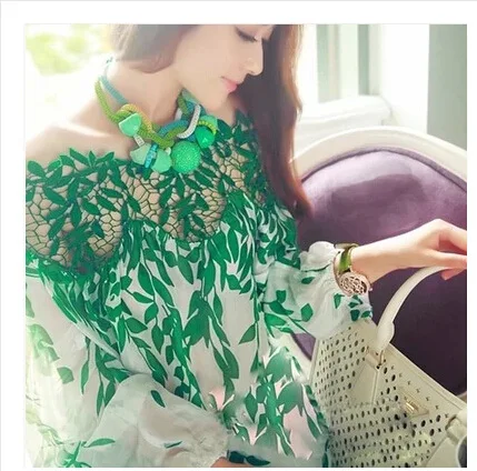  Large Size S ~Xxl Spring Vintage Ethnic Embroidery Long Sleeve Lace Blouses Splicing Green Chiffon 