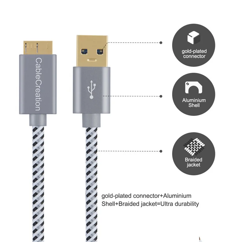 Кабель Micro USB 3,0, короткий шнур USB 3,0 A к Micro B, совместимый внешний жесткий диск, hd-камера, Note 3/N9000, серый космос алюминий