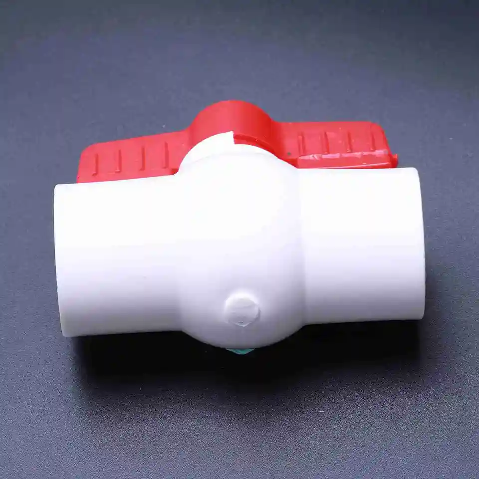 25mm x 25mm Red Handle Double Ports White PVC Pipe Connect Ball Valve
