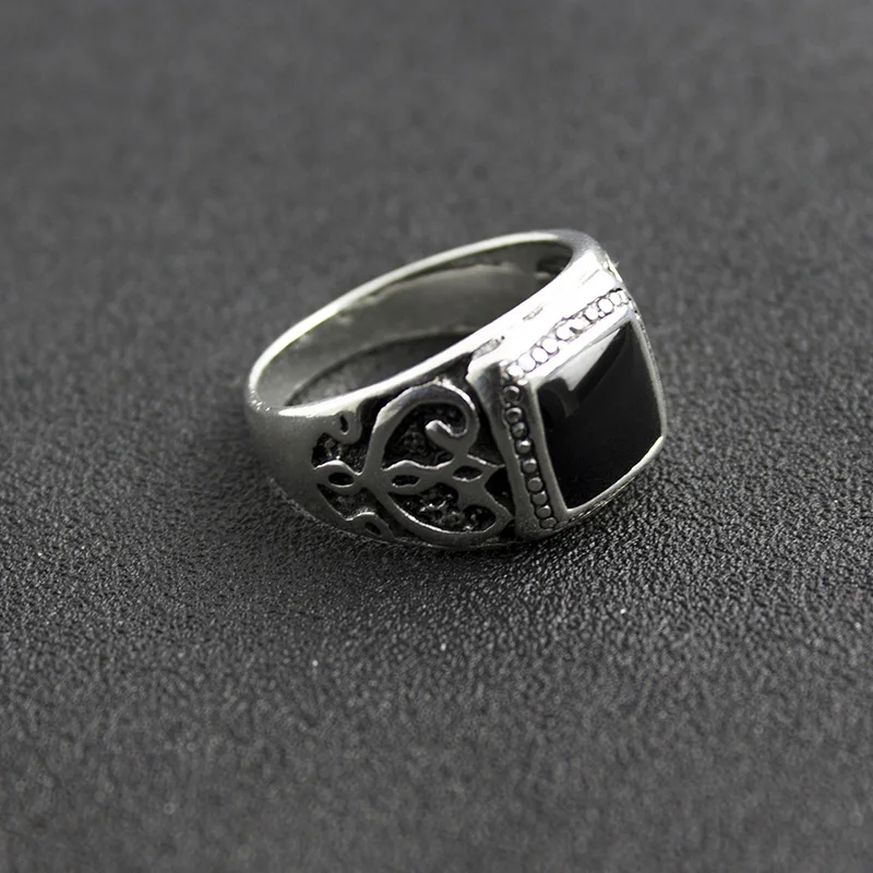 Size:8-11 High Quality Antique Silver Plated Men Ring Christmas New Ring Black Square Enamel Rings Fine Jewelry
