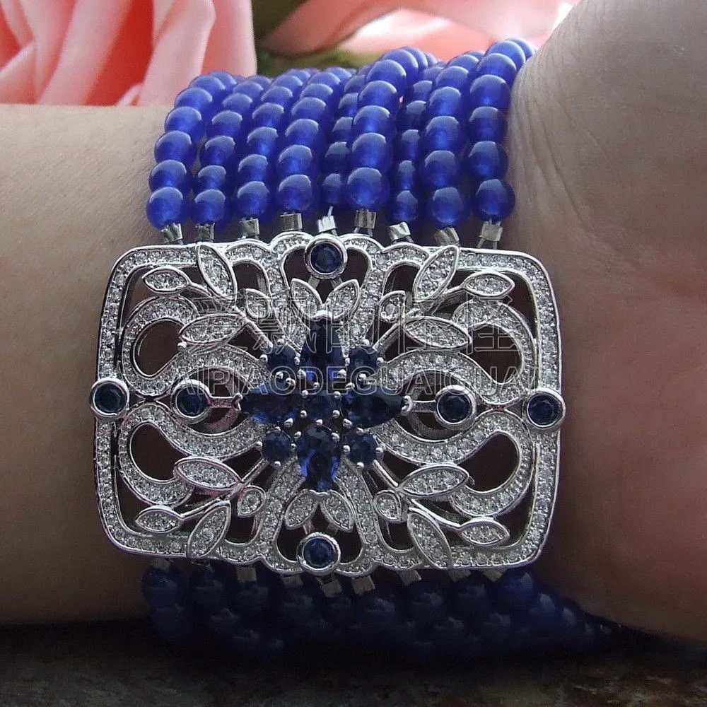 

Women's 8" 9 Strands Blue Stone Bracelet CZ Connector