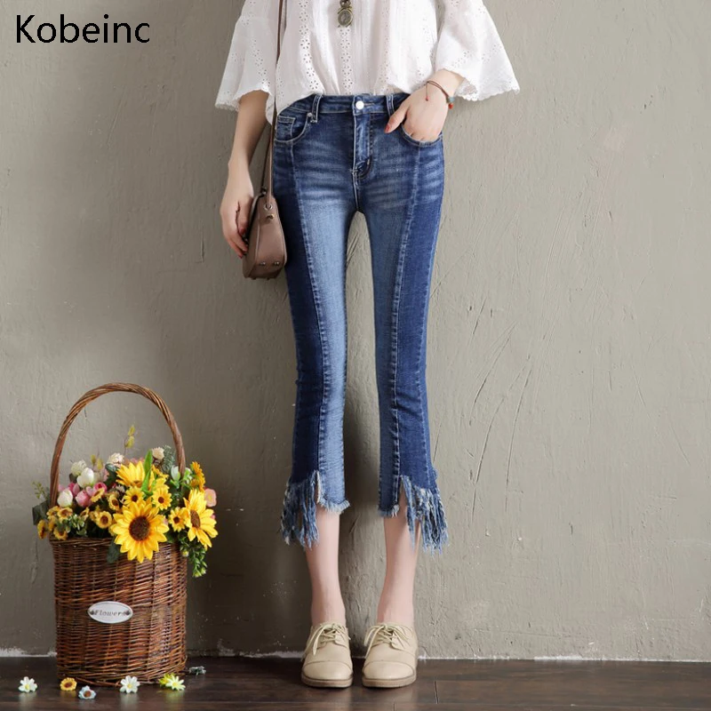 Kobeinc Tassel Women Denim Pants Stretchable Flared Jeans Cropped Pants