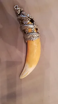 

free shipping Chinese Antique Boars Tooth Wild Hog Silver Dragon protective talisman Pendant K