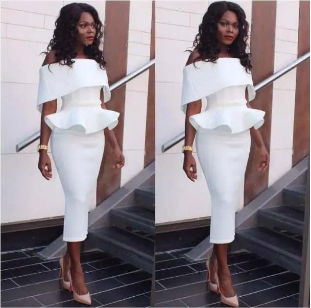 Baratos Sexy vestido Midi con volantes hombros descubiertos 2019 nuevo Sexy Delgado lápiz ajustado vestido de fiesta blanco negro Rosa Vestidos