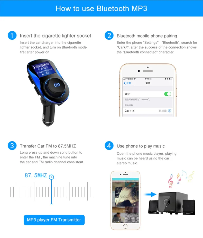 Fivetech Multifunctional Bluetooth Handsfree Car Charger 2USB Digital Display MP3 Player  GPS FM Transmitter for mobile phone  (12)