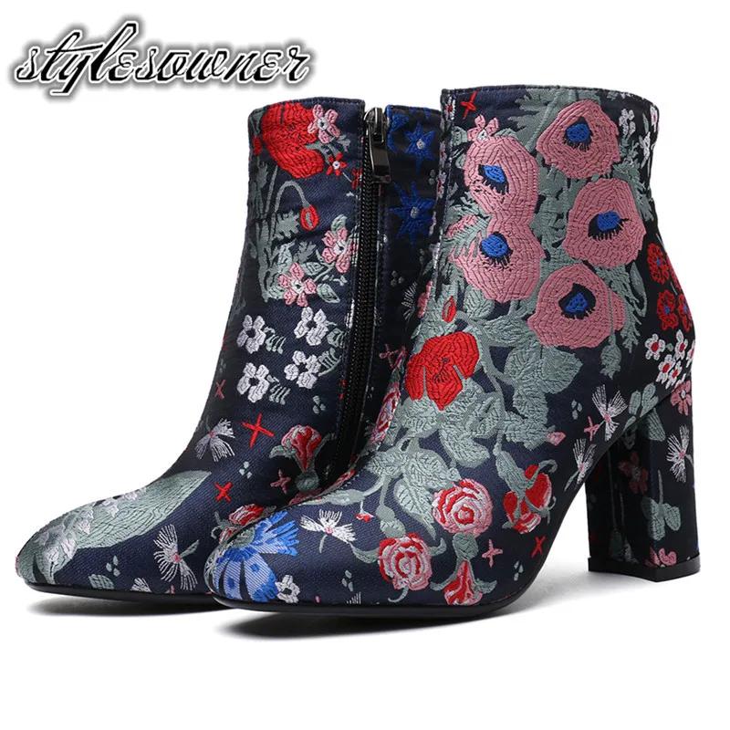 

Stylesowner Original Brand Ethnic Style Round Toe Woman Ankle Boots High Heels Fabric Side Zipper with Platform Party Short Boot