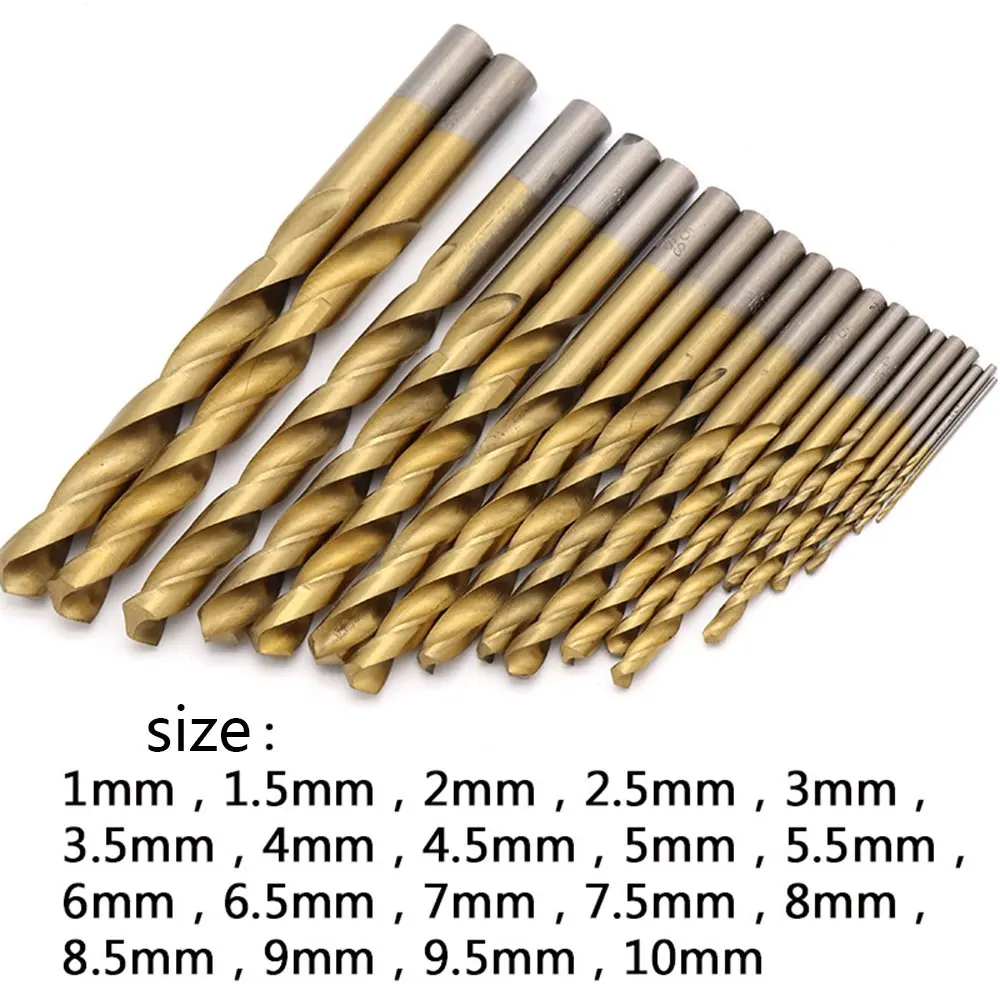 19pcs HSS Drill Bit Set Titanium Coated Twsit Drill Bits 1-10mm Straight Shank Twist HSS Drilling Power Tools Accessories Tools 