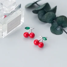 Подлинное 925 пробы серебро красная вишня серьги-гвоздики в форме фруктов с зеленым CZ цирконий для женщин на день рождения для девочек к Рождеству(SE404