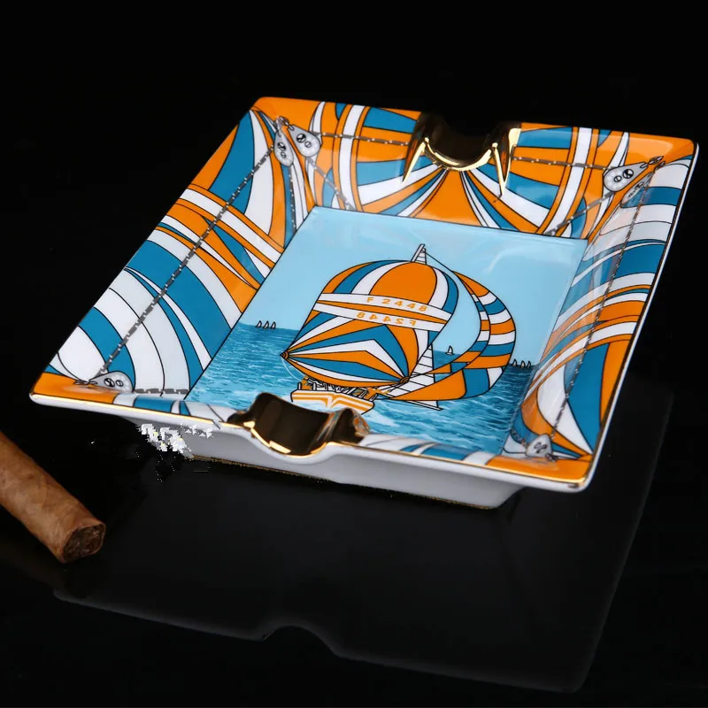 

New Arrival. Nice Elegant blue Sailing Pattern bone Ceramic Luxury Cigar Ashtray Holder 2 Cigars 4