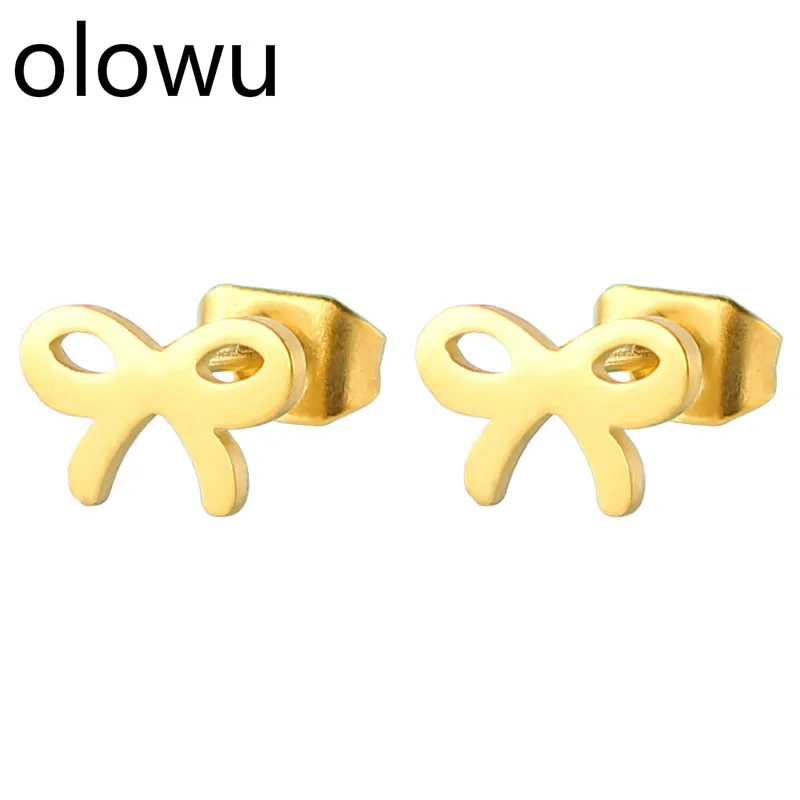 

olowu Korean Tiny Bow Women Stud Earrings Gold Color Knot Ribbon Earings Stainless Steel Earrings Fashion Jewelry Gifts Brincos